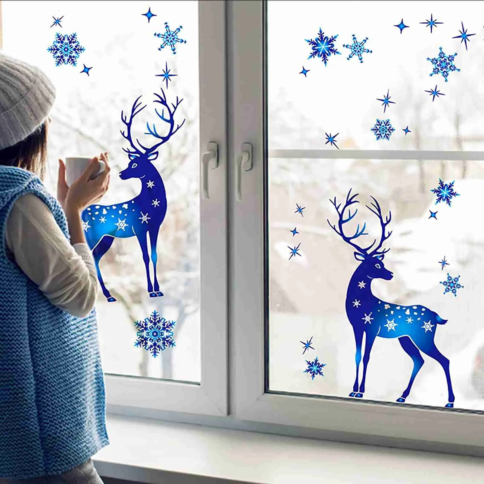 Christmas Window Clings Ornament Snowflake Sticker Glass Window Decoration Sticker Christmas Blue Snowflake Elk Wall Sticker