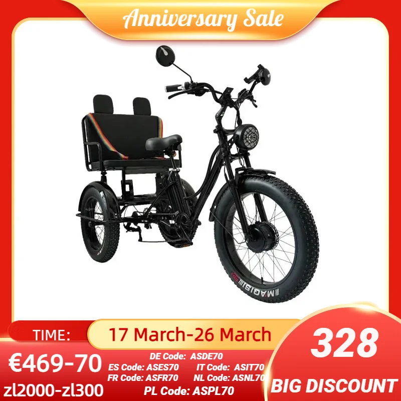 Three Wheel Electric Tricycles With Passenger Seat For Adult 48v 750w 24 Inch Fat Tire Electric Bike Removable Battery For Man