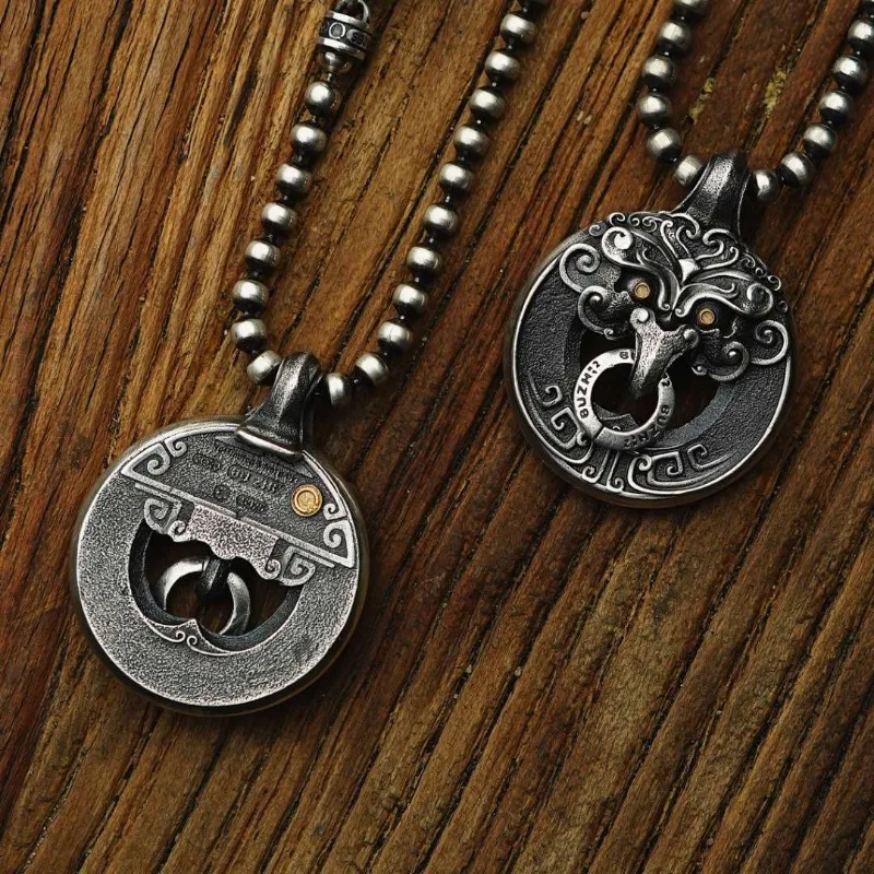 

S925 стерлингового серебра в древнем китайском стиле Jiao Tu дверное кольцо кулон ожерелье для пар унисекс смелые модные модные украшения