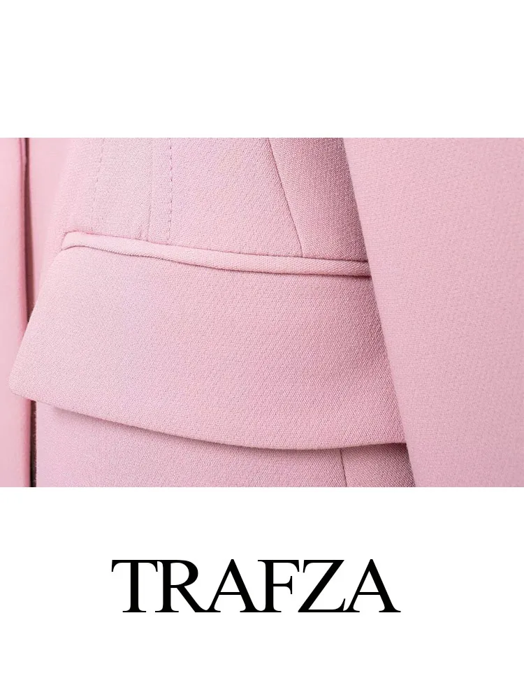 TRAFZA 2024 Women Solid Pink Lapel Long Sleeve Pocket Single Button Design Slim Blazer+Loose Zipper Wide Leg Pants 2 Piece Set