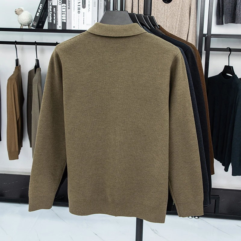الرجال الفاخرة سترة مشغولة من الصوف طويلة الأكمام التلبيب سميكة سستة جيب مزدوج بلون الخريف الشتاء موضة الرجال عادية #2