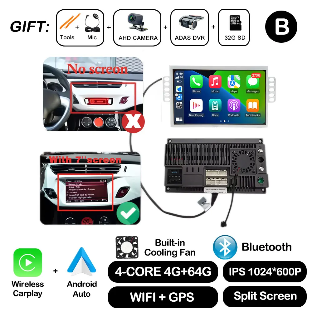 7 "Android Auto Voor Citroen C3 DS3 Autoradio Multimedia Speler Monitor Stereo Navigatie GPS BT Draadloze Carplay Touchscreen - afbeelding 1