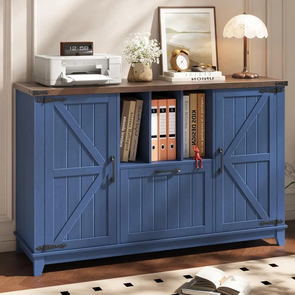 Navy Blue and Brown Lateral File Cabinet with Storage Shelves and Hanging File Options for Home Office