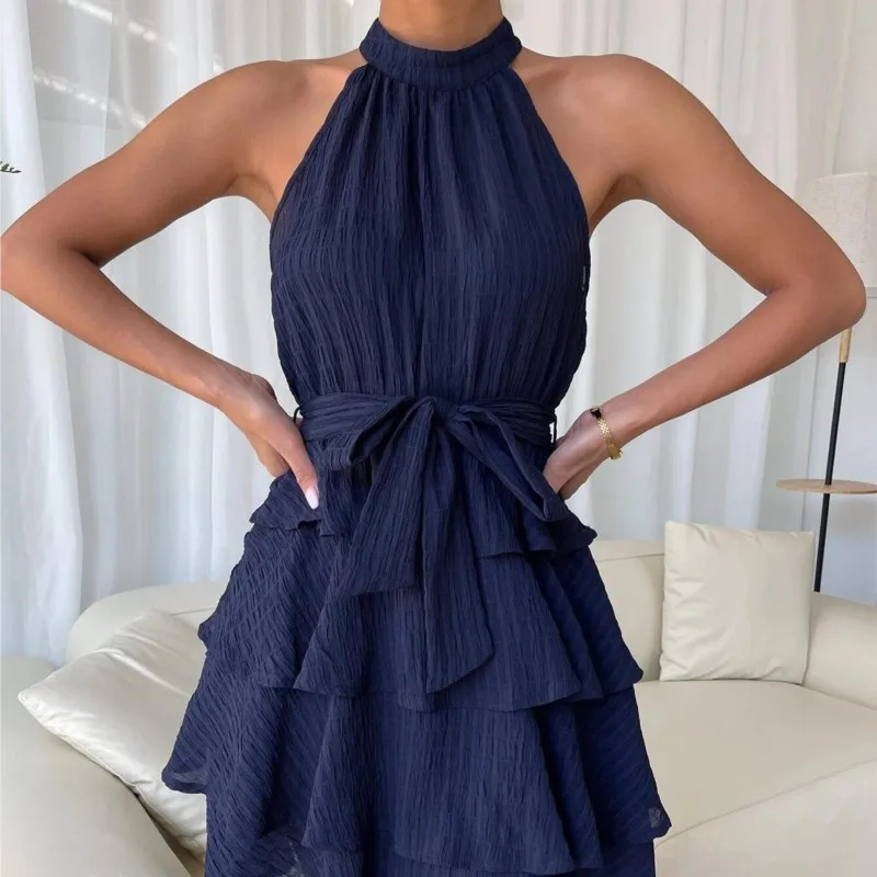 Elegant Women\'s Blue Neck Tied Mini Dress Vestidos Spring And Summer Fashion New Style Patchwork Sleeveless Ruffle Edge Dress