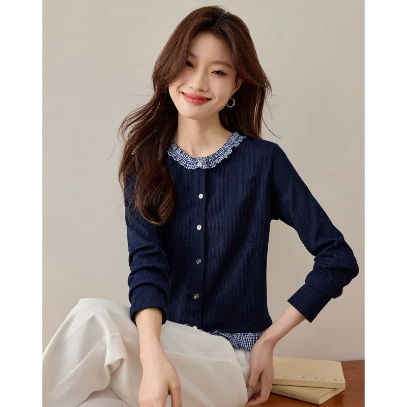 College Style Knitted Sweatshirt Women's Design Contrast Color Black Ears Fake Two-piece Top