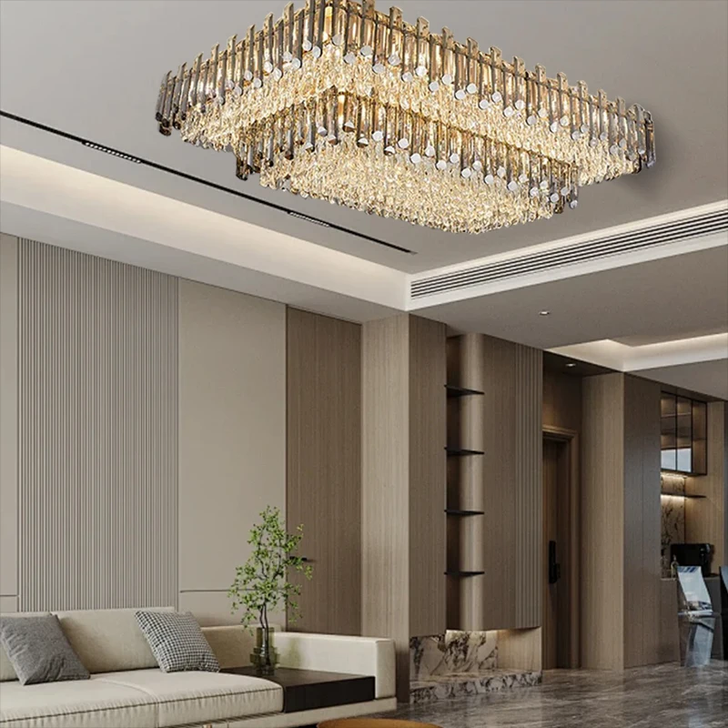 Modern Luxury Rectangular Gray Clear Crystal Ceiling Chandelier Dimmable Decoration Foyer Living Room Large Ceiling Lights
