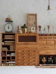 Wooden Storage Cabinet with Mushroom Knob Drawers Retro Zakka Desktop Organization