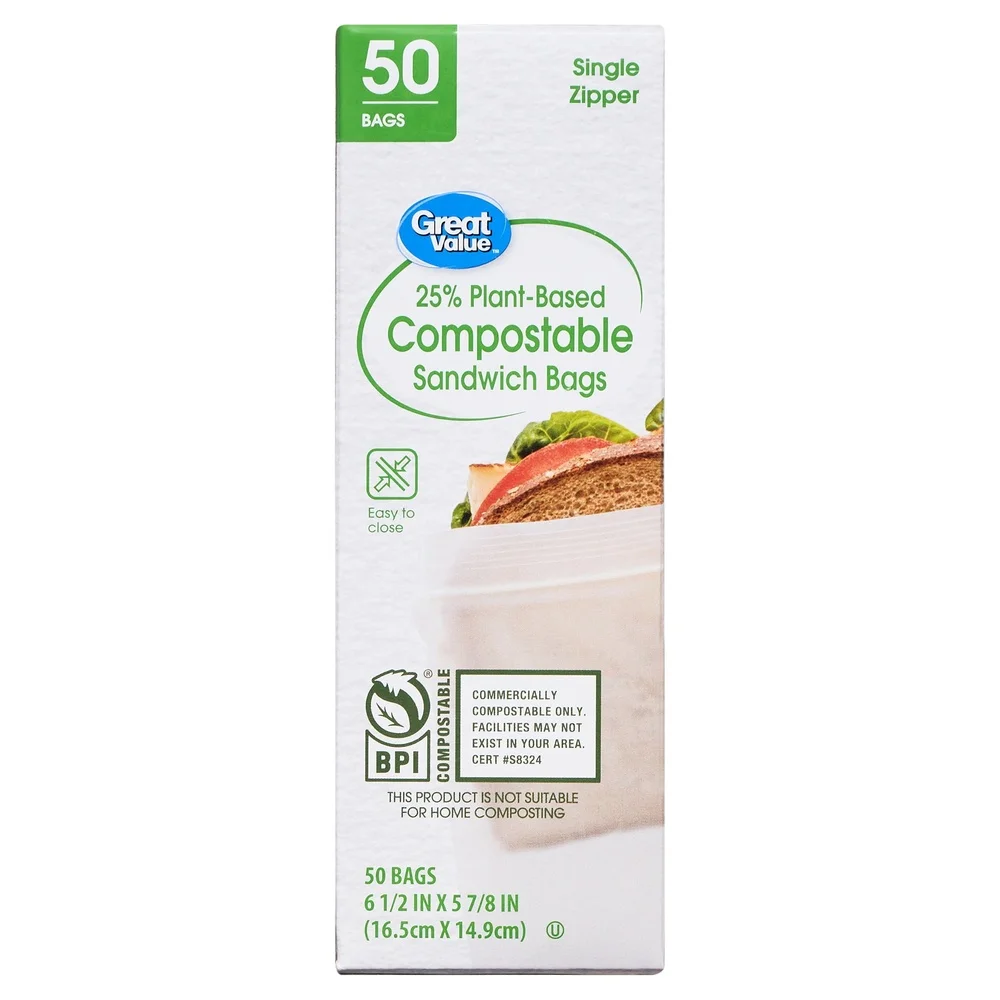 25% Plant-Based Compostable Sandwich Bags 50 Count BPI Certified Eco-Friendly Food Storage Bags Clear Slide Zipper Closure