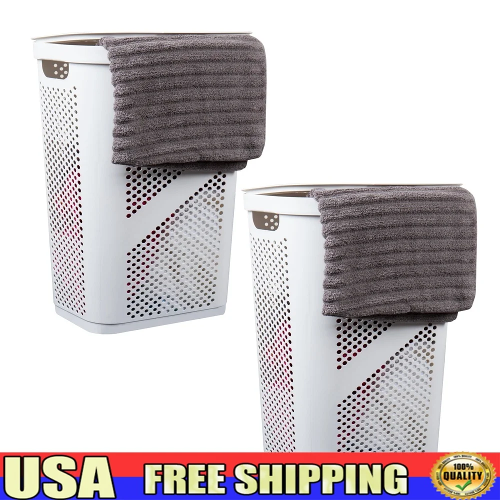 

60L Slim Laundry Hamper Set of 2 Plastic Storage Bins with Lid Ventilated Design Clothes Toys Garage Organization