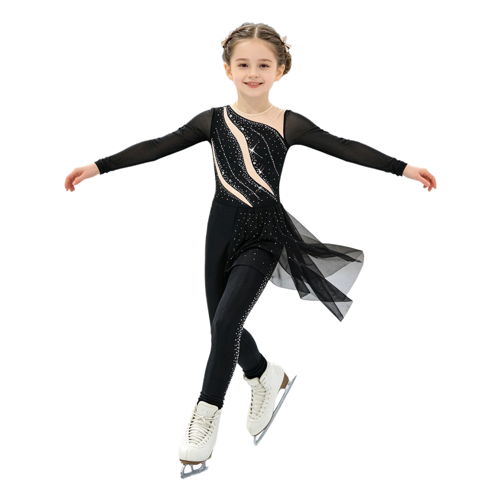 Mädchen-Kostüm für Eiskunstlauf mit Strasssteinen, glitzerndes Strass-Design, langärmeliger Overall, Tanzkleidung für lyrisches Ballett. – Detail 10