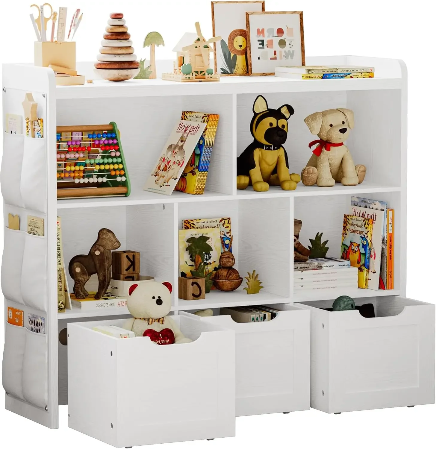 Organizer with 3 Movable Drawers, Multifunctional Floor Storage Cabinet Toy Chest with 5 Storage Cubbies, Kids Bookcase for Boys