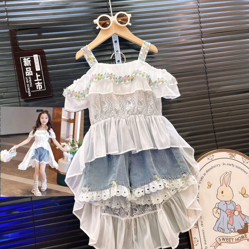 

Girls' Summer Outfit2026New stylish two-piece set for older children: trendy internet celebrity-style suspender dress and denim
