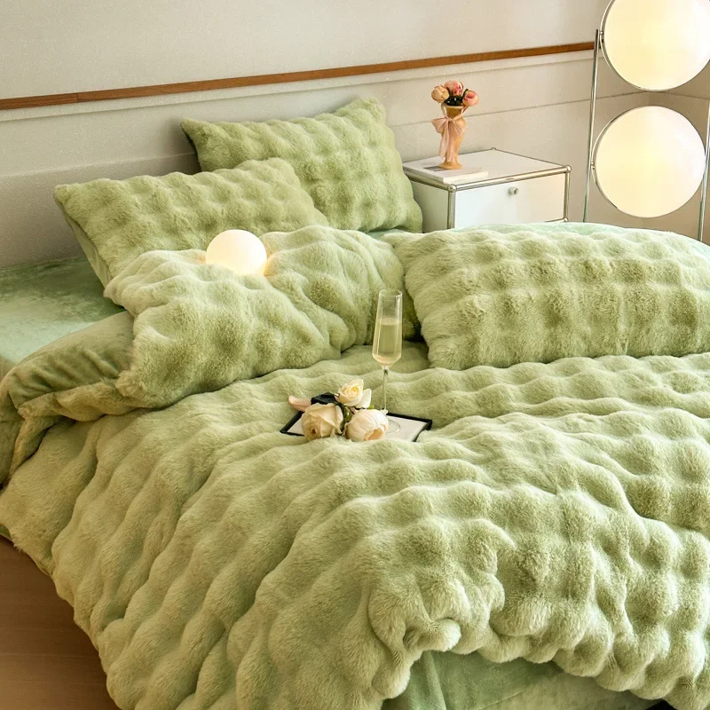 Colorful Rabbit Velvet Bedding Set Thickened Warm Skin-friendly Soft Bedclothes Anti-static Water Washable Colorfast Bed-linen