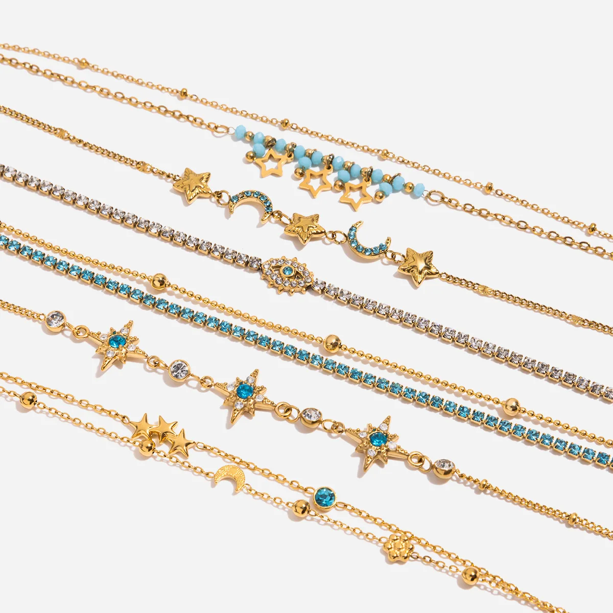 

Party queens Colorfast stainless Steel Bracelet Sparkling Evil Eye & Crescent Pendant Adjustable Layered Beach Accessories