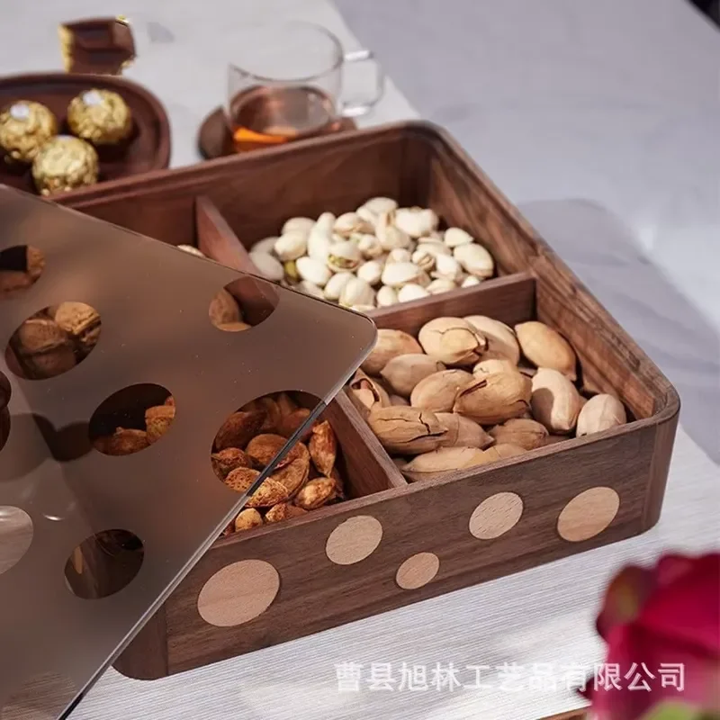 Solid Wood Dried Fruit Box with Partition for Living Room Decor Microwave Safe Candy Nut Pastry Tray Household Tableware