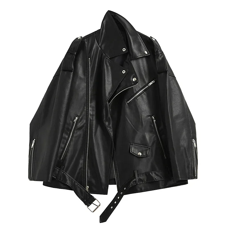 Spring Autumn Faux Leather Jackets Women Loose Casual Coat Female Drop-shoulder Motorcycles Locomotive Outwear with Belt