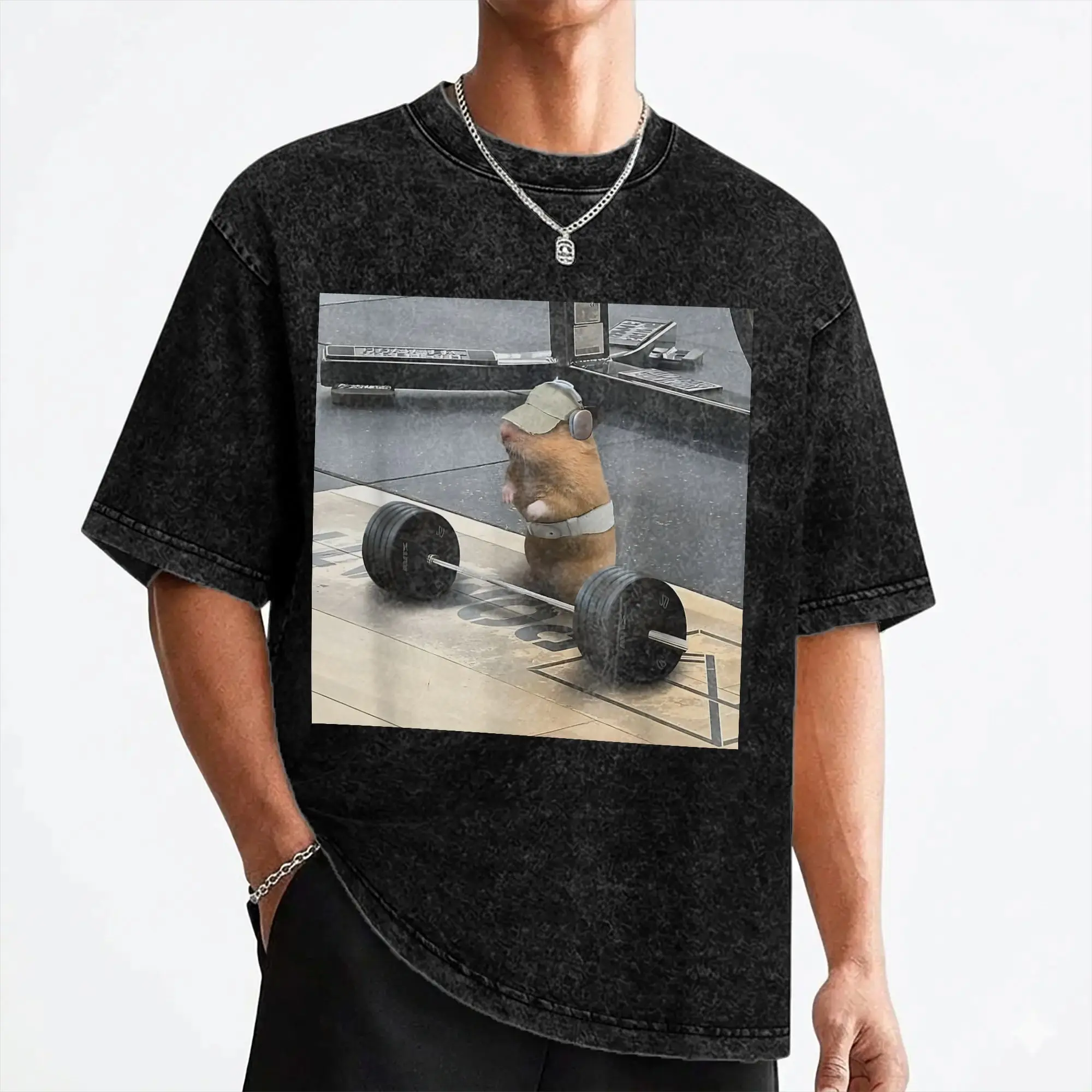 Hamster Gym Weight Lifting Meme T Shirts Washed Short Sleeve Harajuku T-Shirt  Retro Men Women Streetwear Summer Tees