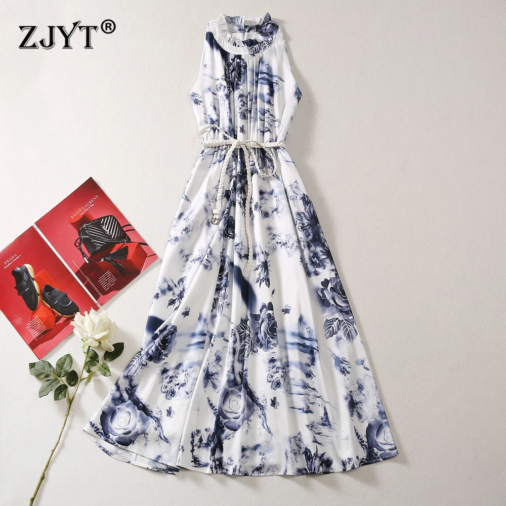 

ZJYT Summer Runway Fashion Floral Print Sleeveless Dress Women 2025 Designer Ruffled Neck Midi Holiday Casual Dresses Female New