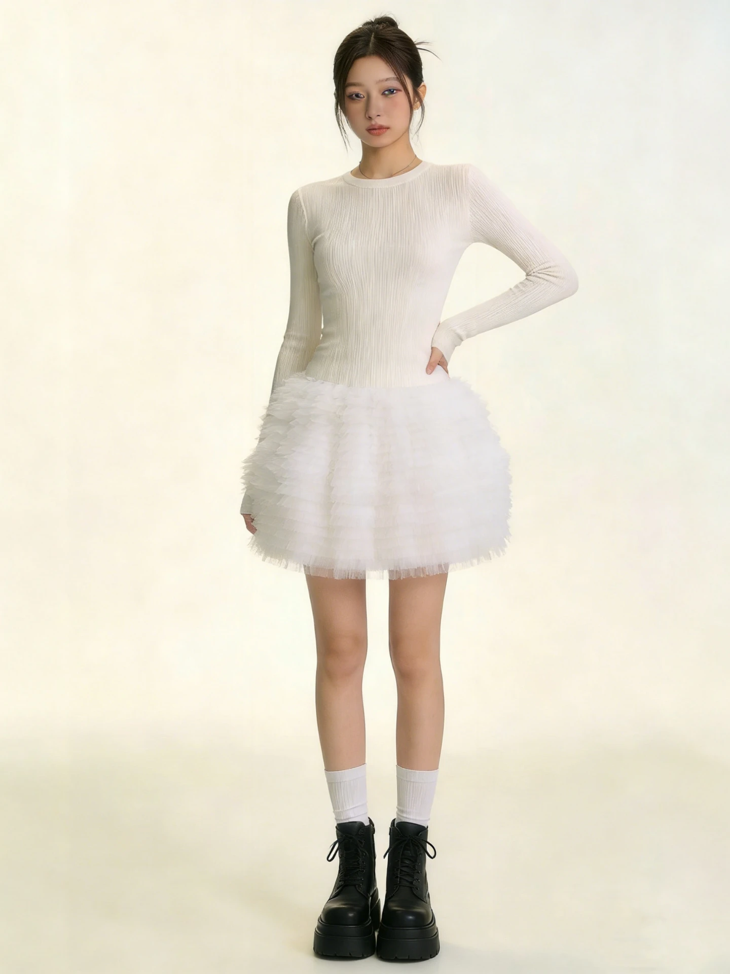 

DesiGar Layered Ruffle Me ort Skirt White Cake Sle f-length Spring ular Streetwear Korean High-waist Puffy Skirt