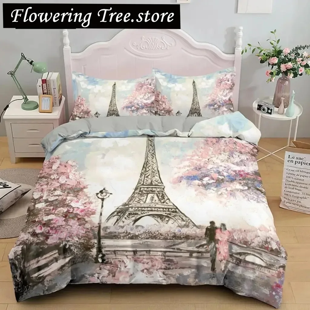 

Duvet Cover Eiffel Tower Romantic Couple Flower King Comforter Cover Microfiber France Paris Cityscape Bedding Set for Teen