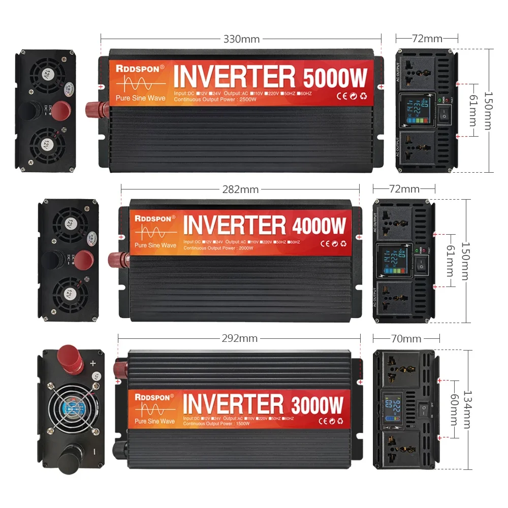 Imagem -05 - Rddspon-inversor de Energia Solar Onda Senoidal Pura Display Lcd Conversor de Voltagem Micro Inversor de Carro 12v 24v 220v 3000w 4000w 5000w