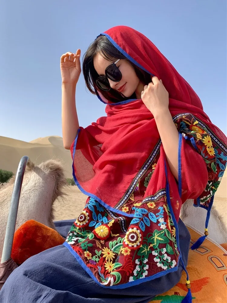 WeHello - Spring/Summer Desert Tourism Sunscreen Shawl Ethnic Style Tea Card Salt Lake Scarf Qinghai Big Red Scarf