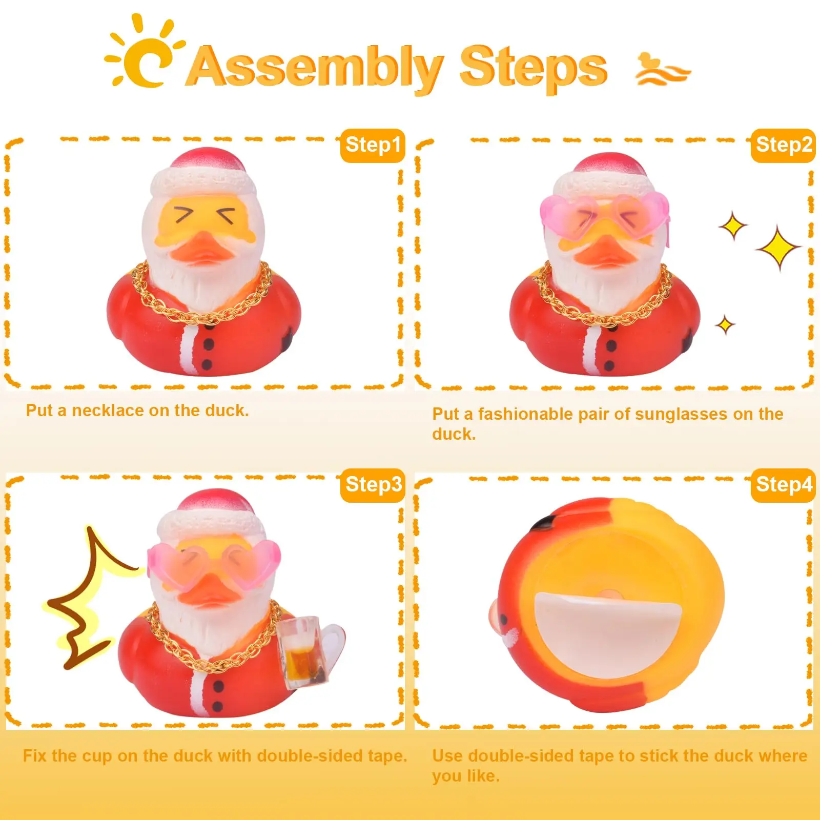 Christmas Rubber Ducks Car Ornaments, 2Pcs Holiday-Themed Duck Car Dashboard Decorations with Sunglasses Necklace for Christmas