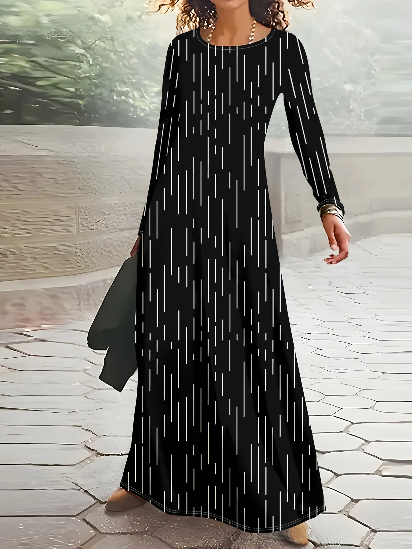 Vestido informal negro con diseño estampado y líneas verticales blancas, vestido de manga larga para mujer