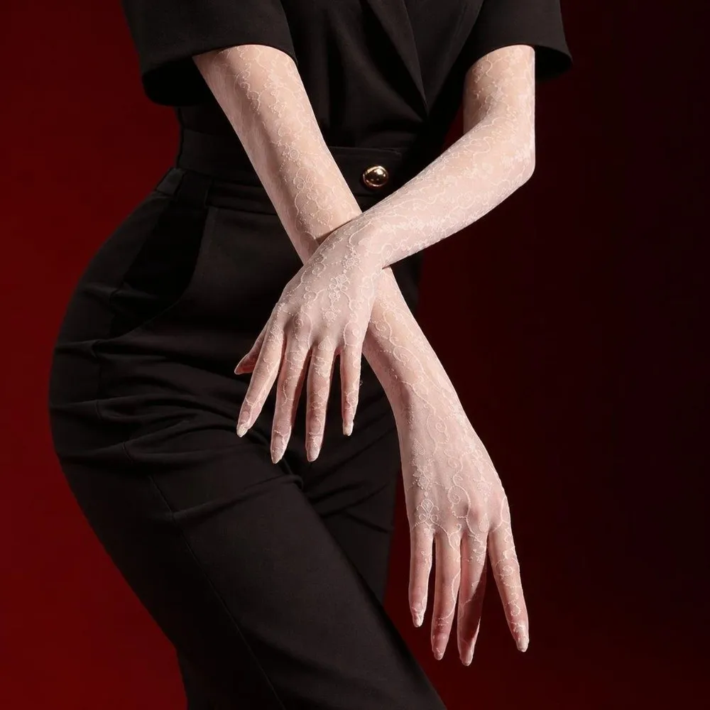 Glossy Ultra Thin Sheer Long Gloves Elastic Floral Printing Oil Shiny Gloves Silky Smooth Five-Finger Dance Gloves Driving