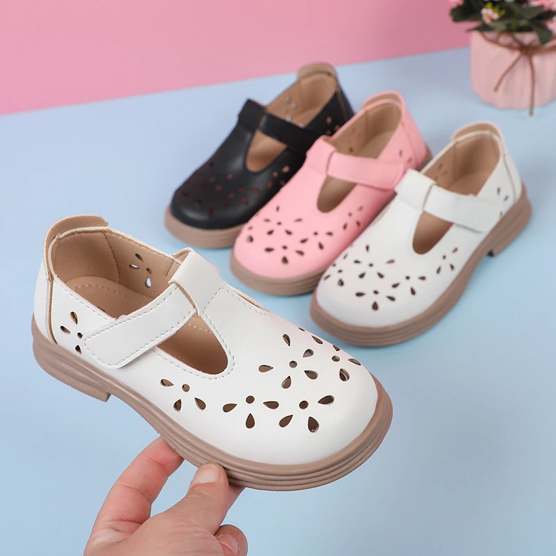 

Girls Leather Shoes Soft PU Children T-strap Cut-outs Flats Breathable Kids Hollow Shoes for School Black Pink Beige Fashion New