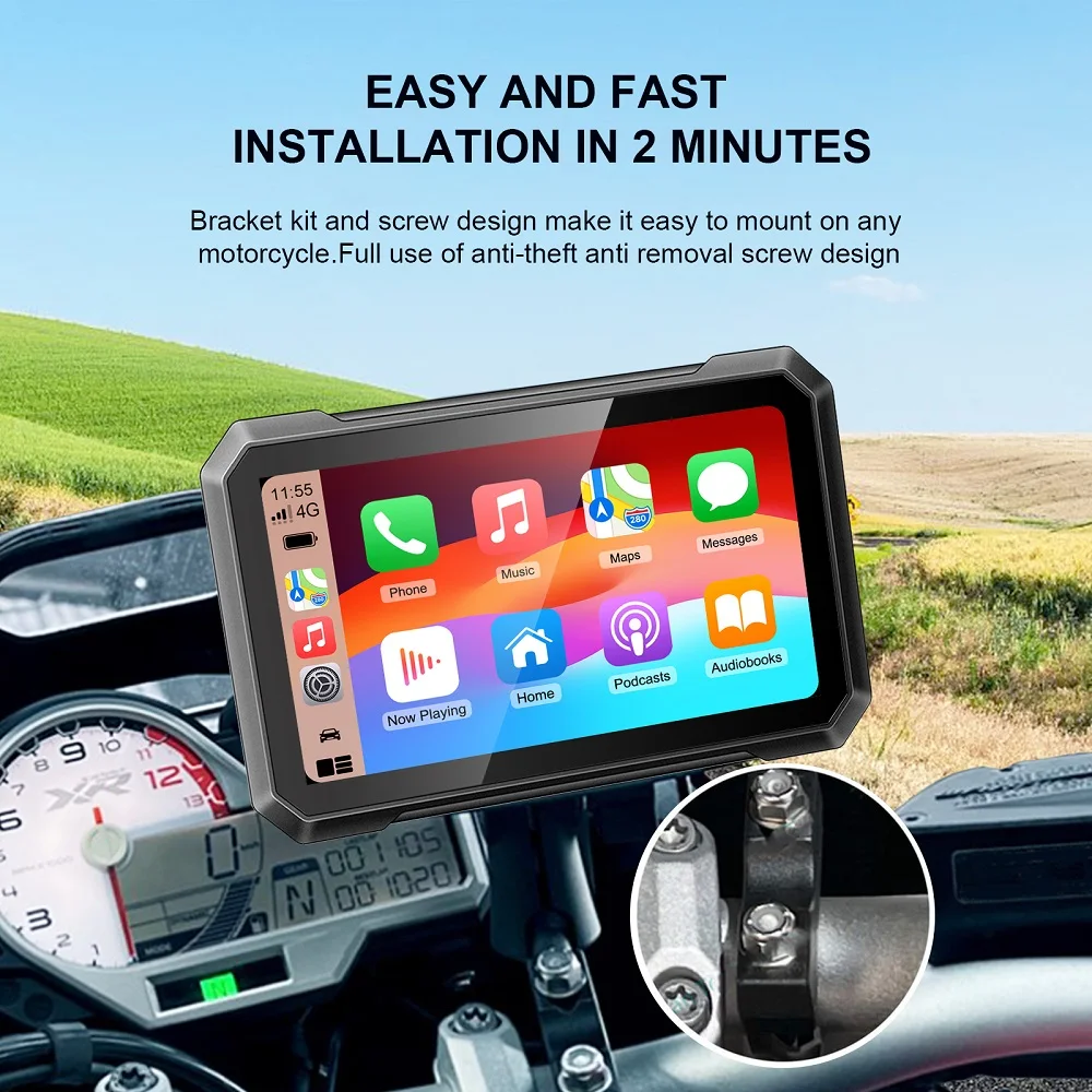 Motorcycle Wireless GPS Carplay 7 Inch IPS Touch Screen IPX7 Waterproof Car Navigation CarPlay and Android with Light Sensing