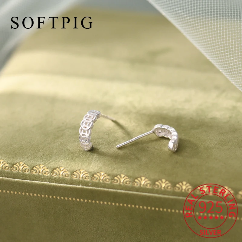 

SOFTPIG Real 925 Sterling Silver Hollow Copper Coin Tiny Stud Earrings for Women Trendy Fine Jewelry Geometric Accessories