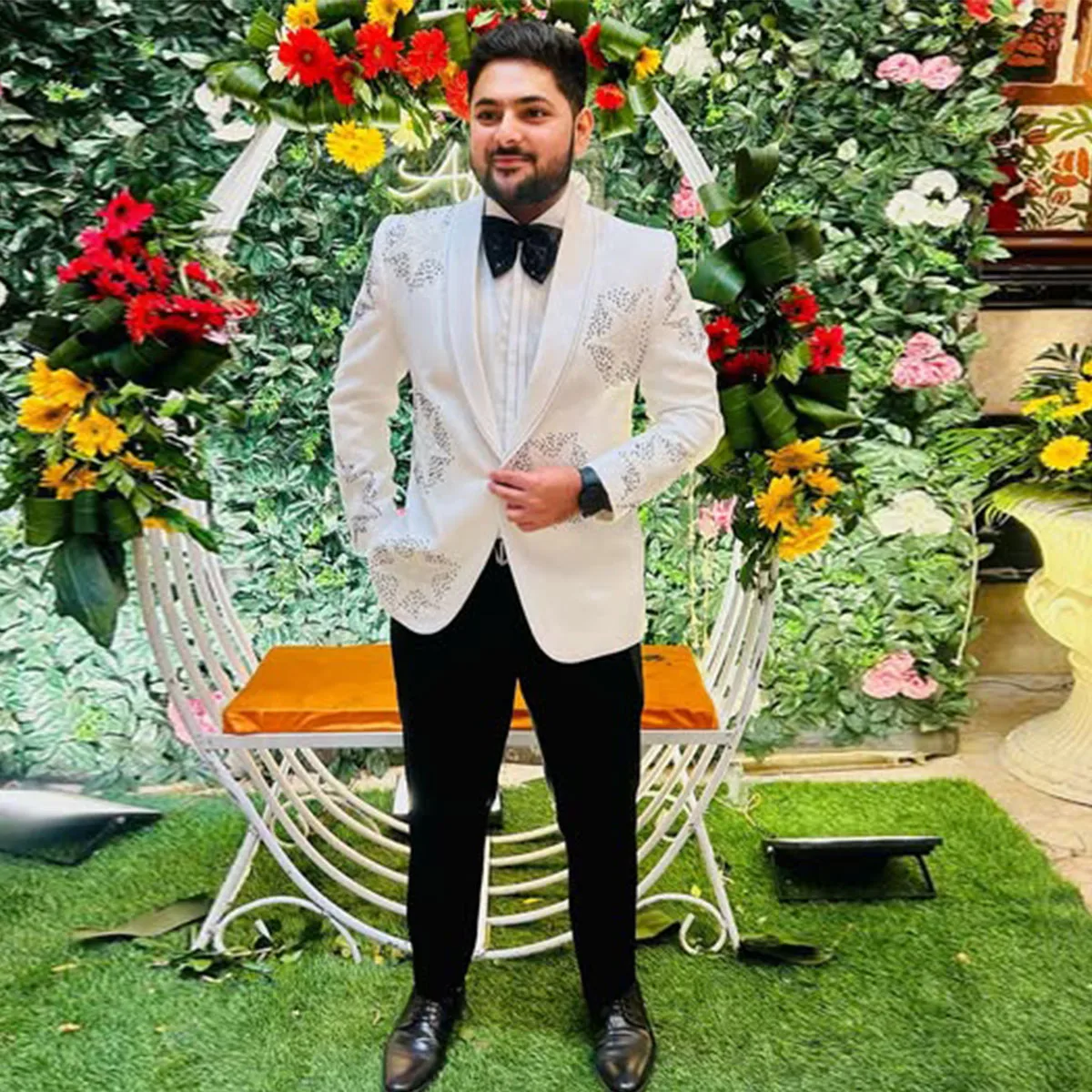 

Мужские свадебные костюмы из жаккарда класса люкс на заказ, смокинг из 2 предметов, пиджаки для жениха на выпускной, с воротником-стойкой, костюм для свадьбы