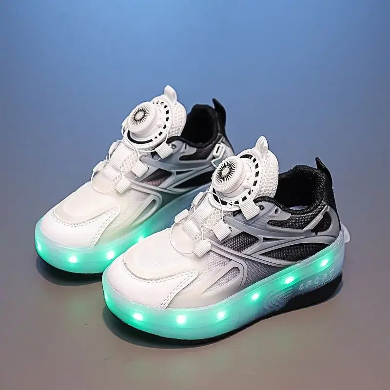 Children\'s Kids Boys Girls USB Charging Glowing Casual Sneakers Led Light Wheels Outdoor Parkour Roller Skate Shoes Sports For