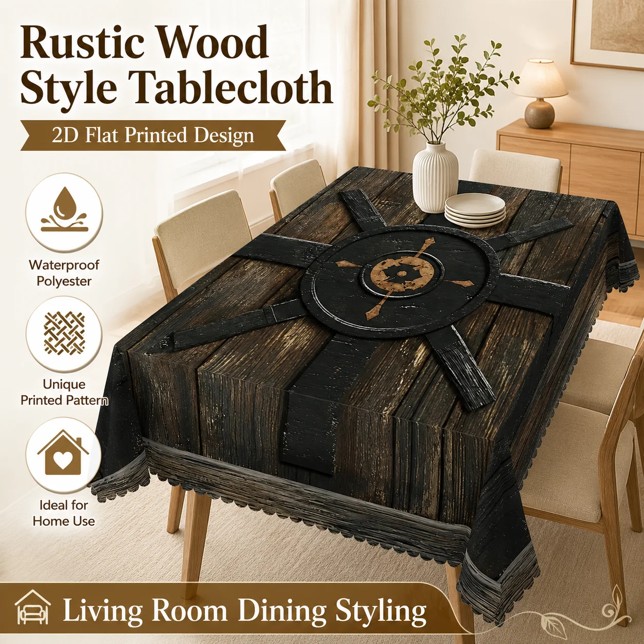 

Vintage Wood Grain Waterproof Polyester Tablecloth 2D Flat Printed Rustic Table Cover For Kitchen Dining Party Banquet
