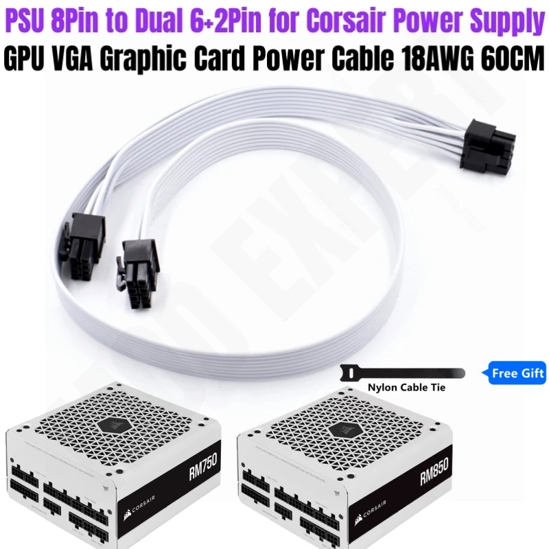 

White PCIe Dual 8Pin 6+2Pin VGA GPU Graphic Card Power Cable for CORSAIR RM750 RM850 White Modular Power Supply Unit 18AWG 60CM