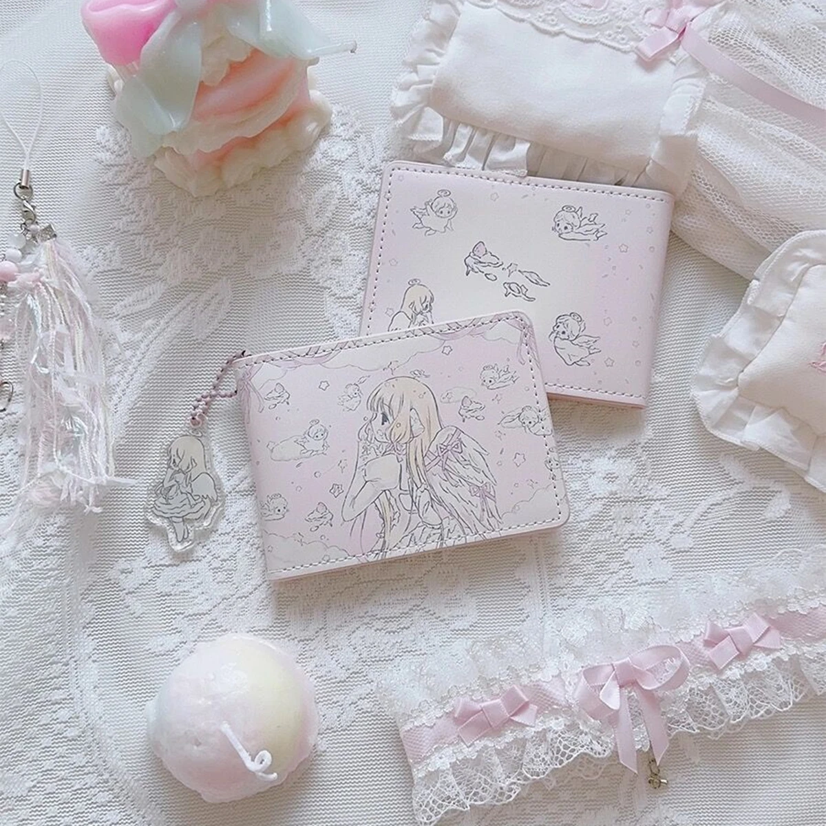 Pink 2 Slots Card Holder Cartoon Girl Printing Driver License Cover PU Leather Slim ID Protector Card Protective Cover Pendant