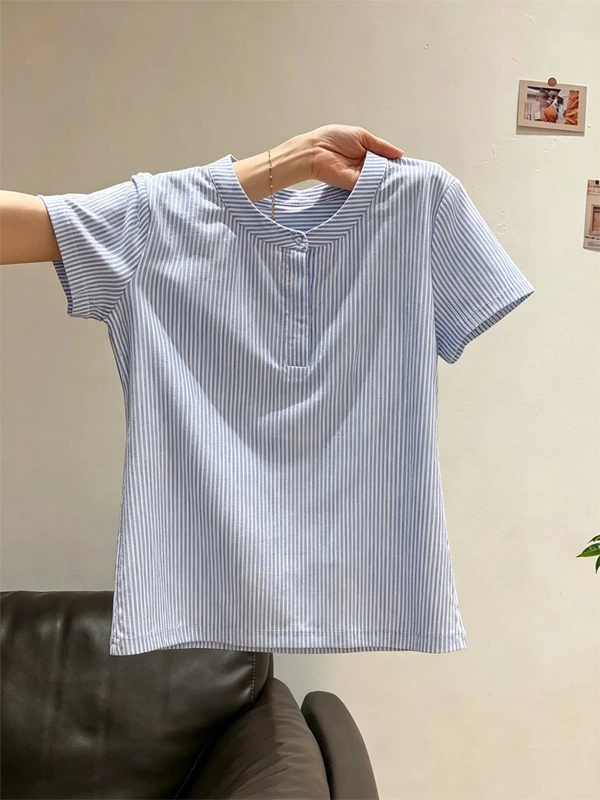 

Commute Style Color Block Stripe Short Sleeve Women's Shirt Summer New Light Maturity Fit All Match Overhead Top Sweet Style