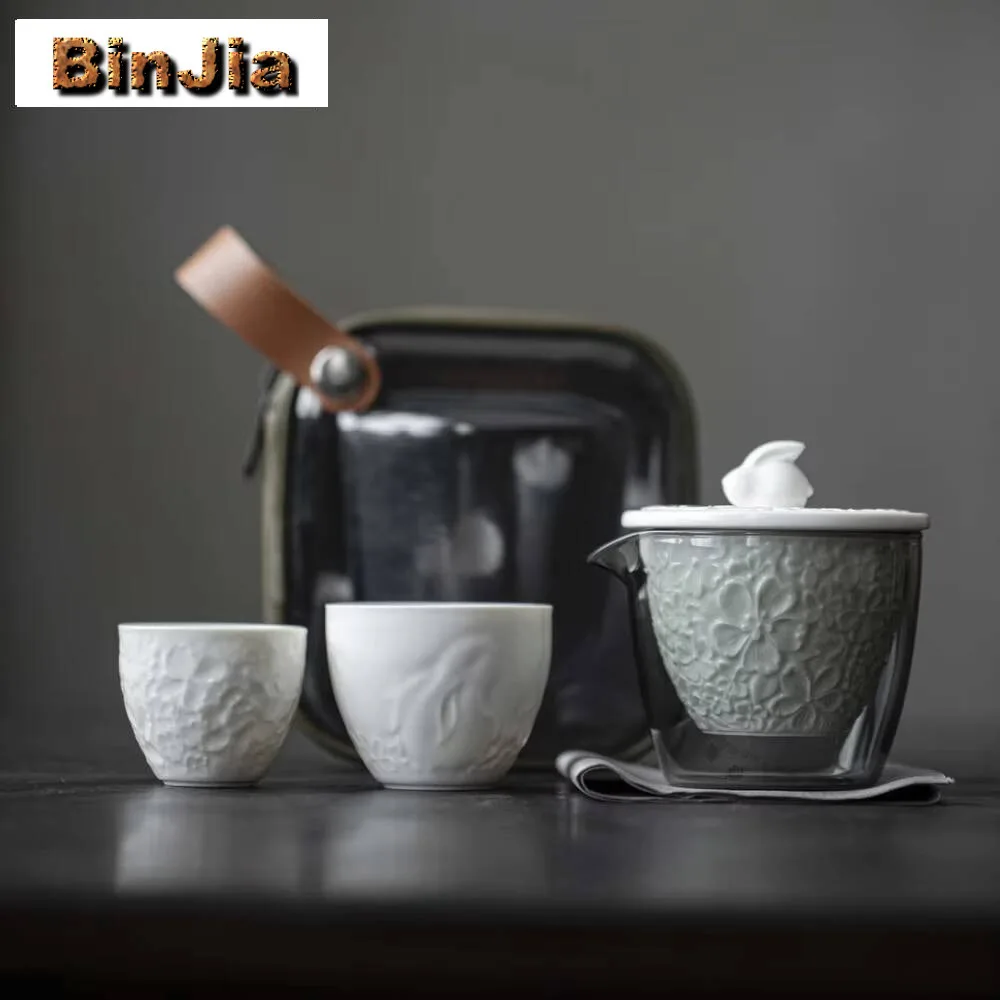 

Чайный сервиз ручной работы с рельефным цветком и кроликом, элегантный 1 горшок, 3 чашки, портативная сумка для пикника, кемпинга, принадлежности для обслуживания