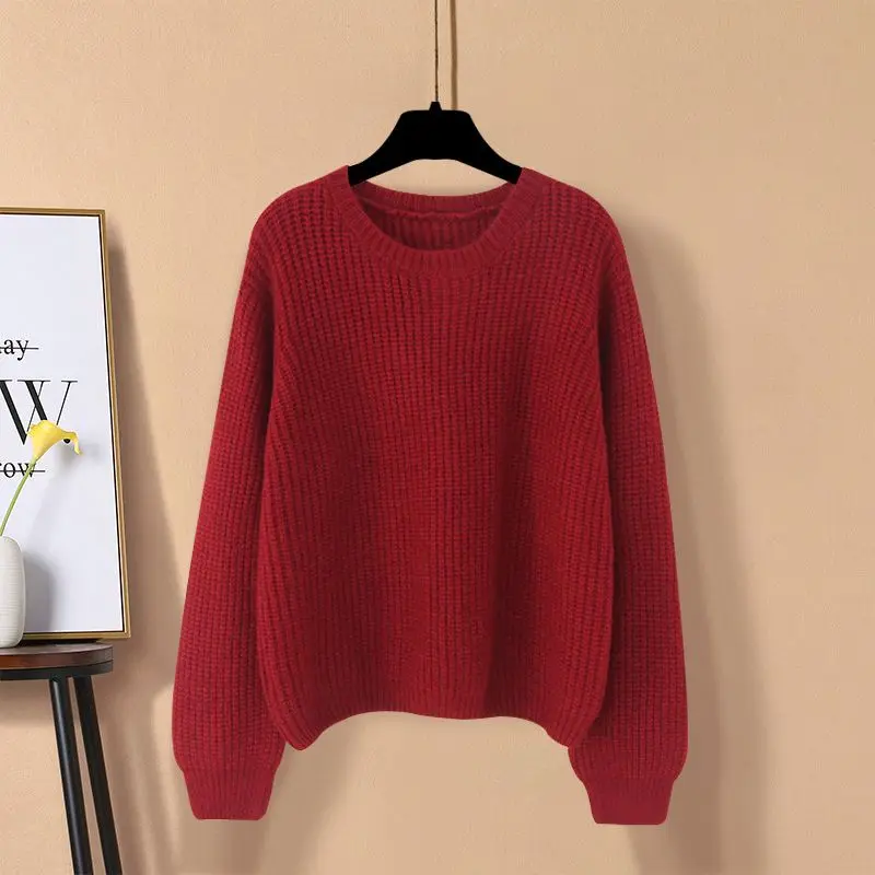 

Темпераментные милые модные осенние свитера, новые женские однотонные свитера с круглым вырезом, простые свободные пуловеры с длинными рукавами для ленивого ветра, вязаные топы