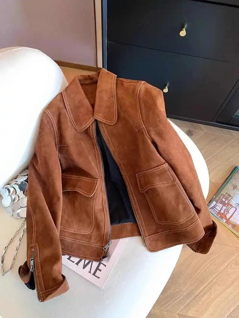 

Women Dark Brown Autumn Jacket Coat Harajuku Aesthetic Long Sleeve Cropped Suede Jacket 2000s Vintage Outerwear Fashion Clothes