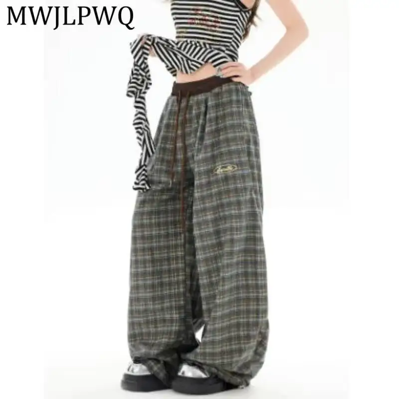 

MWJLPWQ American Retro Style Patchwork Color-Blocked Plaid Pants For Unisex Loose Fit Casual Wide-Leg Curved Trousers 17006