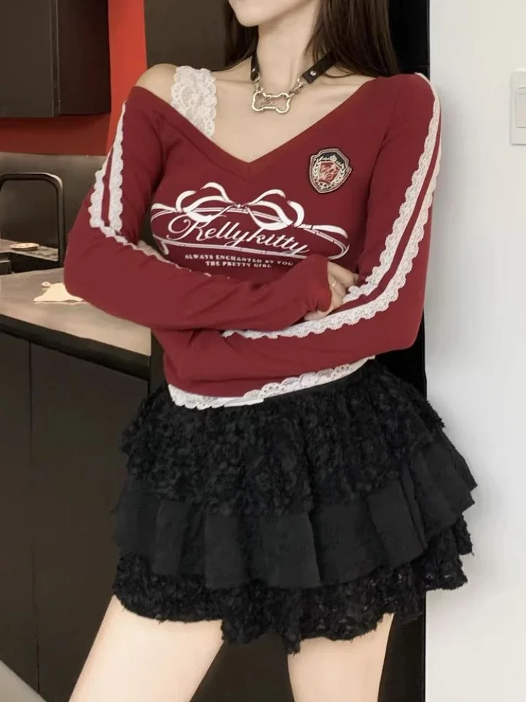 Y2K الدانتيل المرقعة تي شيرت المرأة مثير قبالة الكتف الحلو الخامس الرقبة السيدات المحاصيل القمم الكورية موضة طويلة الأكمام الملابس النسائية