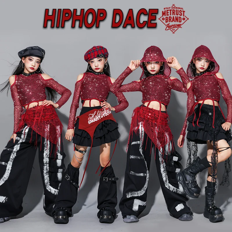 

Jazz Dance Clothes Children Kpop Stage Outfit Glitter Red Crop Top Black Hip Hop Trousers Cool Girl Street Dance Clothes 3 To14Y