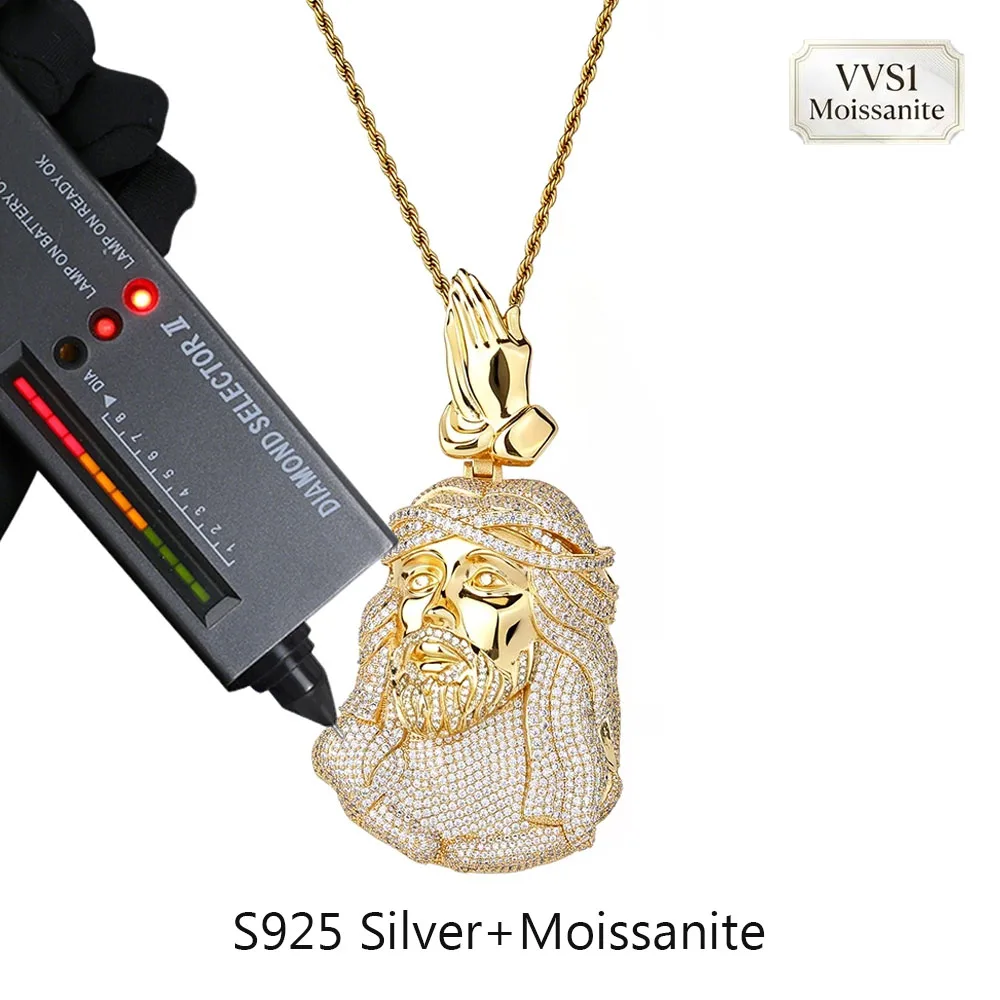 S925 Sterling Silver Iced Out VVS1 Moissanite Jesus Head Pendant With Praying Hands Hip Hop Religious Pendant For Men Jewelry