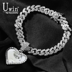 Uwin-Colgante de foto de corazón con cadena cubana de 9mm, chapado en oro y plata, cadena de CZ micropavimentada de lujo