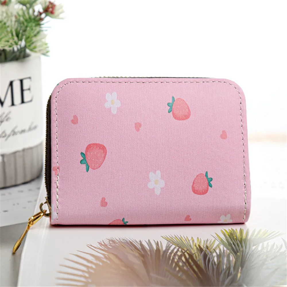 Fashion Short Wallet Credit Card Holder Women Cute Print Cartoon Cow Bear Leather Zipper Coin Purse Girl Students Mini Money Bag