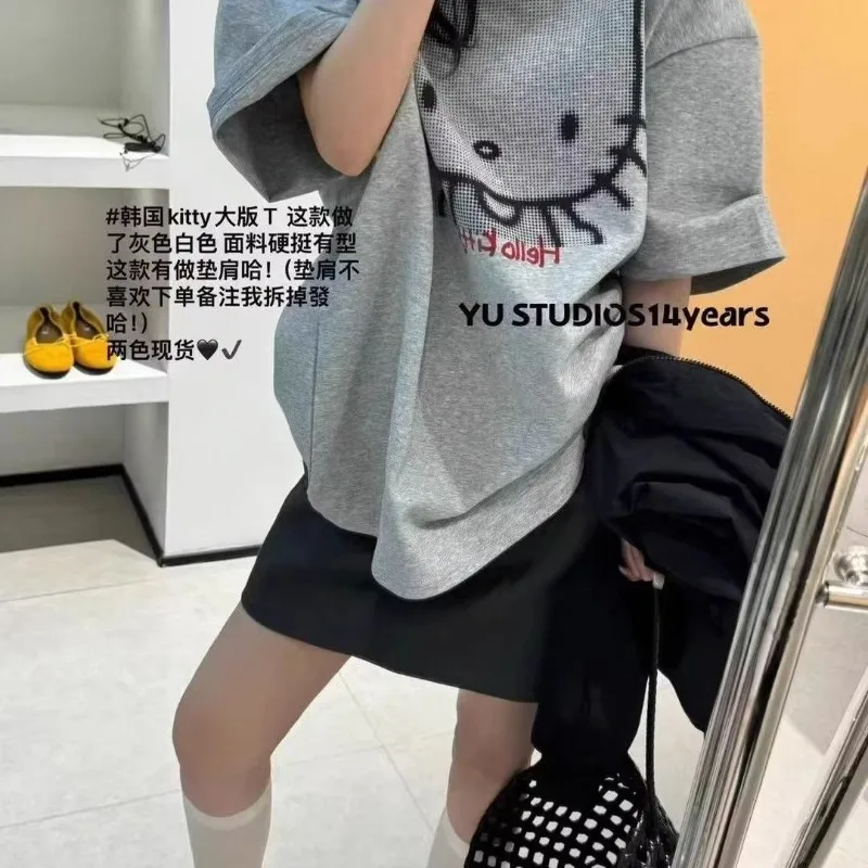 Camiseta de algodón puro con estampado de dibujos animados de Hello Kitty para mujer, camisetas holgadas Retro versátiles de manga corta, camisetas gráficas, ropa de mujer