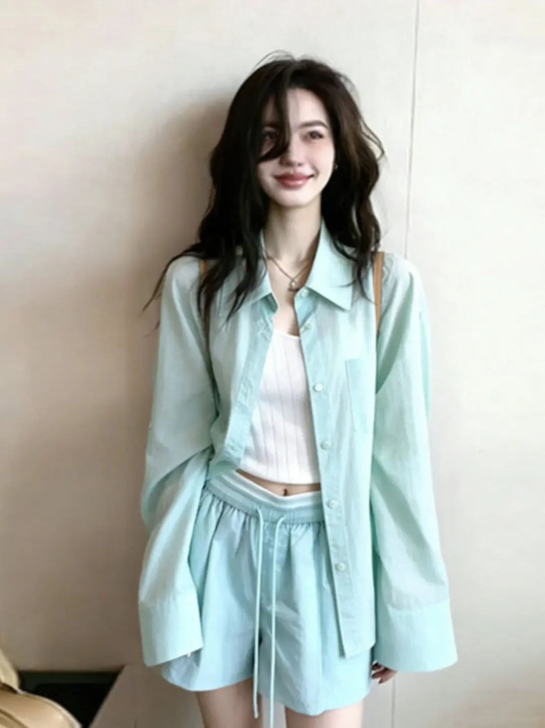 

Summer Sportswear Set Women Casual Versatile Holiday Green Shirt Shorts Sun Protection Loose Fit High Waist Pure Color Button up