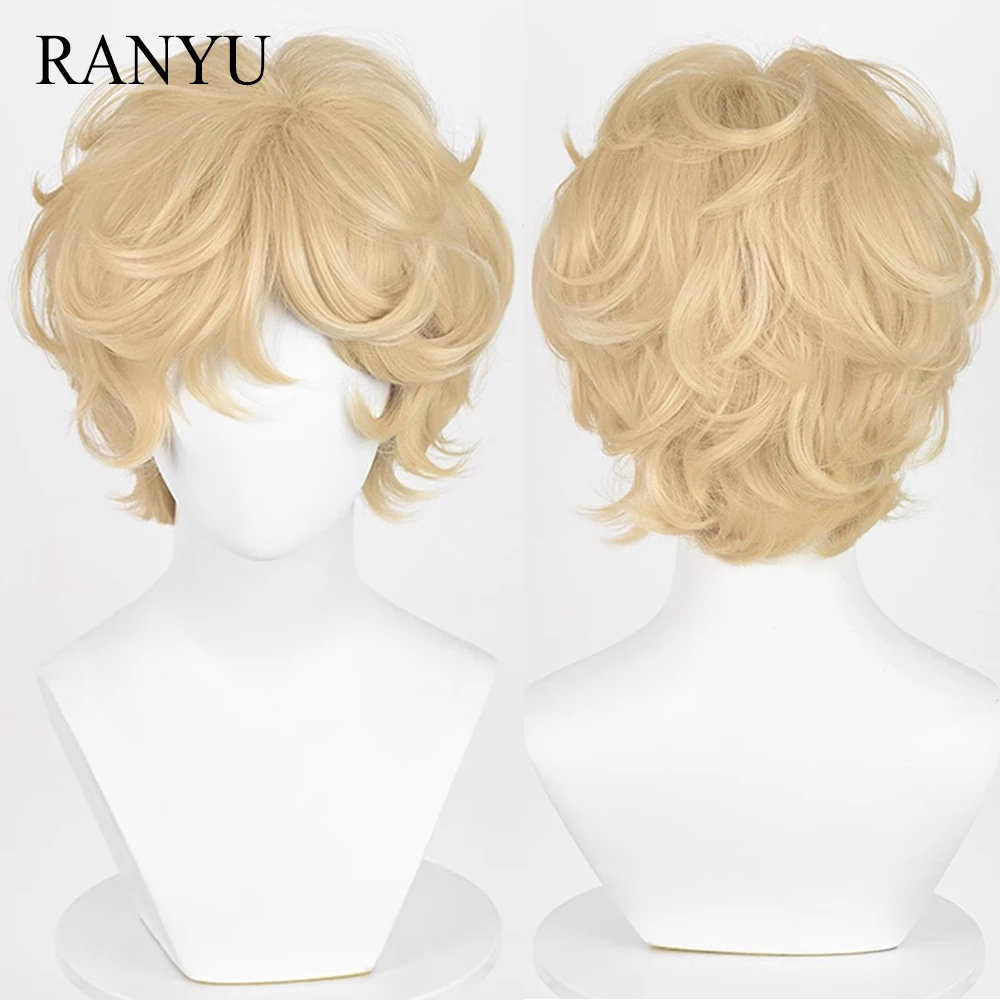 Short Straight Wavy Blonde Synthetic Wig with Bangs Fluffy Anime Game Cosplay Heat Resistant Wig for Daily Party
